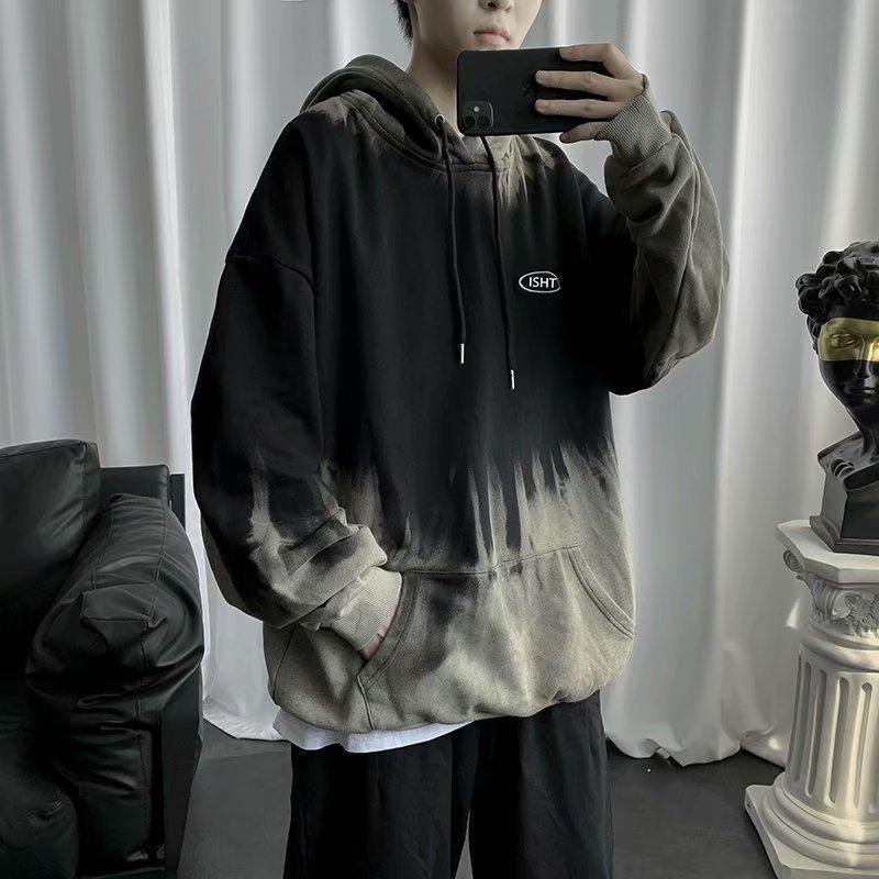 メンズダイ柄パーカー夏長袖トップスゆるい原宿系韓国ファッションヒップホップBF風ストリート風ダンス