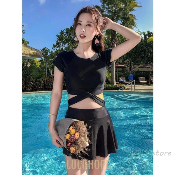 ビキニ 水着 レディース ブラ ショーツ 2点セット へそ出しコーデ Tシャツ風 トップス バックリボン シンプル お洒落 可愛い