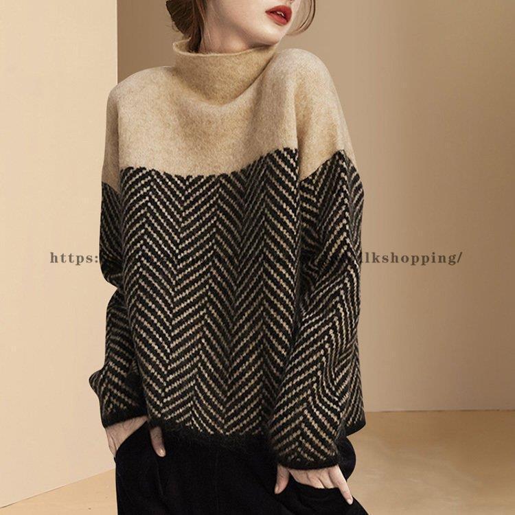 ニットセーター レディース 秋冬 40代 長袖トップス 配色セーター ハイネック ニットインナー ショット丈 プルオーバー ゆったり 韓国風 オシャレ カジュアル