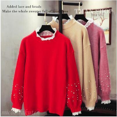ニットセーター レディース 長袖 トップス プルオーバー レース切り替え ビーズ飾り レイヤード風 パフ..