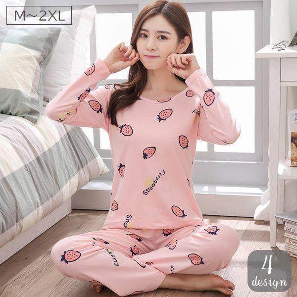 パジャマ レディース 女性用 長袖 長ズボン 上下セット 大きいサイズ ラウンドネック ハート イチゴ クマ かわいい ルームウェア 部屋着 寝間着