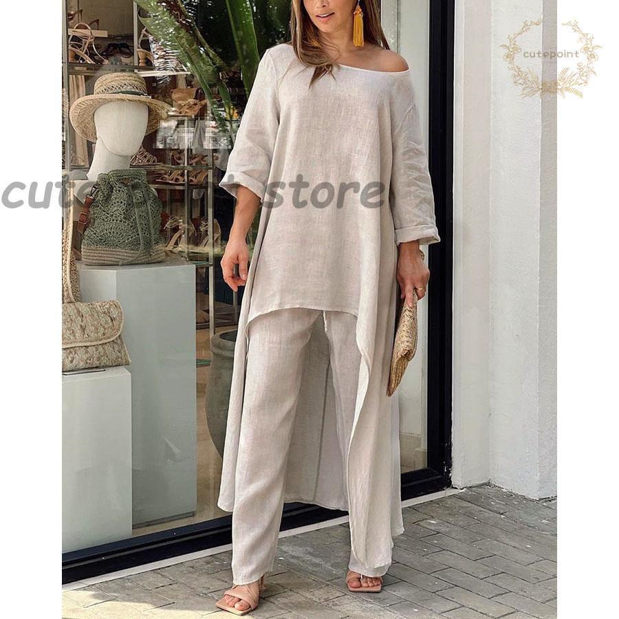 リネンセットアップワイドパンツレデ...