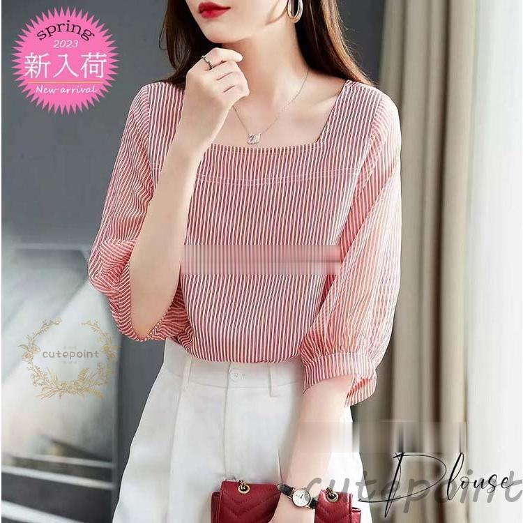 ブラウス レディース 40代 春夏 五分袖ブラウス オシャレブラウス ストライプ柄シフォンTブラウス パフ..