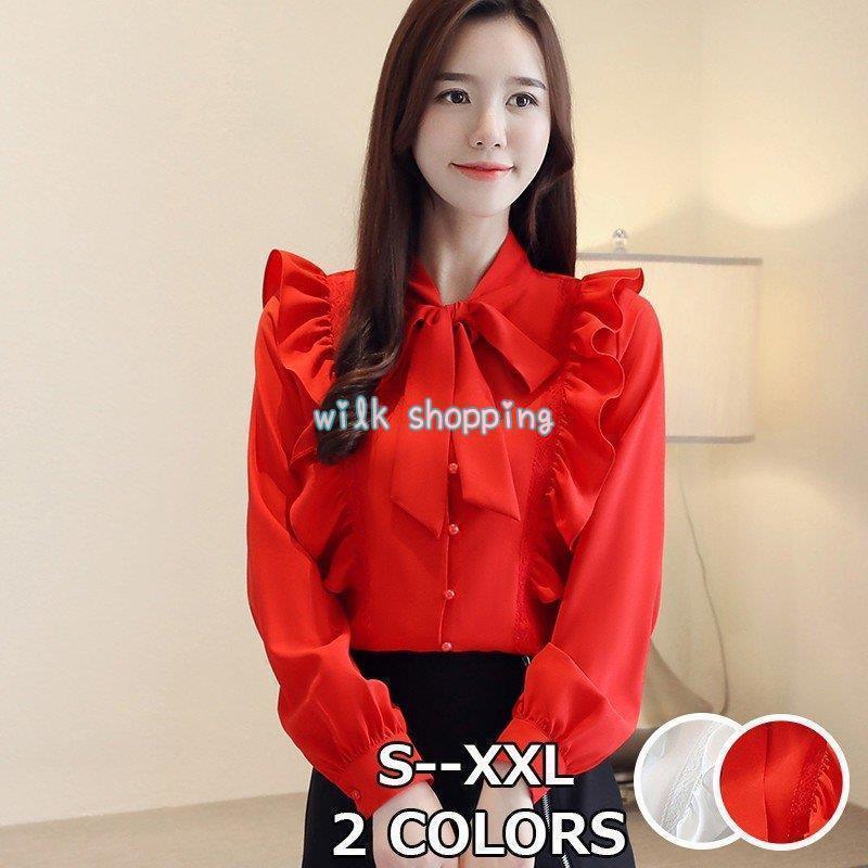 【素材】：ポリエステル 　その他【カラー】ホワイト　　レッド　（ご参考程度）モデル着用画像では若干色味が異なる場合がございますので、下記のカラー画像をご参考になさって下さい。【セット内容】：ブラウス 伸縮性：なし　　透け感：若干あり 　S：着丈8cm バスト84cm 袖丈6cm 肩幅36cm M：着丈cm バスト88cm 袖丈7cm 肩幅37cmL：着丈60cm バスト2cm 袖丈8cm 肩幅38cm XL：着丈61cm バスト6cm 袖丈cm 肩幅3cm XXL：着丈62cm バスト100cm 袖丈60cm 肩幅40cm ※すべて平置きサイズです。（採寸方法違いより、多少の誤差がございますので、ご了承ください。）※交換/返品対象外になりますので、ご了承下さい。※製品にメーカータグ、洗濯表示、サイズタグ等が無いものがありますが不良ではございません。また、フリーサイズ商品にタグが付いても商品とは関係ございません。ご了承くださいませ。