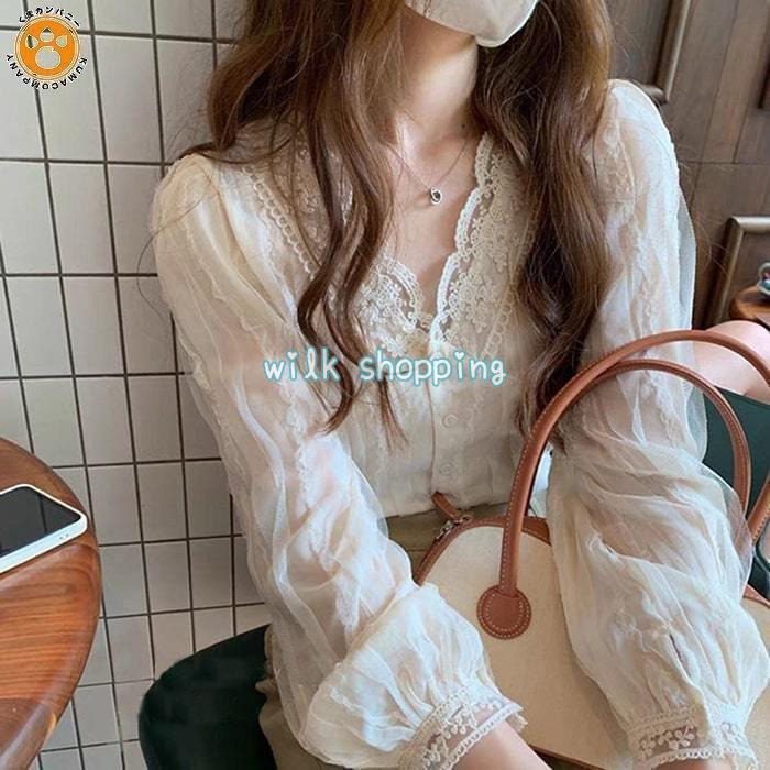 ブラウス レディース シャツ シアー 刺繍 レース 長袖 Vネック トップス 春 夏 長袖 チュール 花柄 カジュアル 抜け感 透け感 オフイズ ナチュラル 韓国