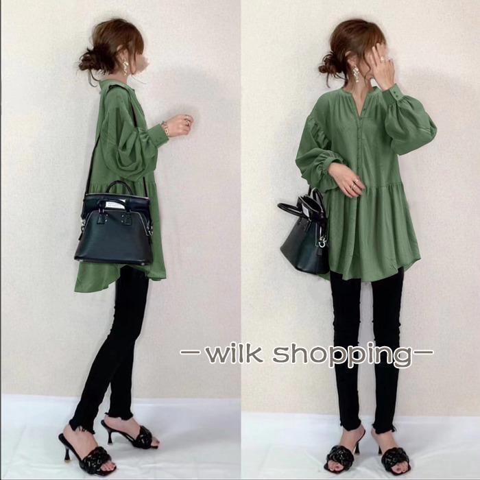 ブラウス レディース 長袖 パフスリーブ フリルブラウス Vネック 裾アシンメトリー 20代 30代 40代 通学 カジュアル 体型カバー 通勤 お出かけ ゆったり 春 秋 冬【サイズ】Fグリーン　着丈：約78CM　バスト：約108CM　袖丈：約49CMブラック　着丈：約75CM　バスト：約120CM　袖丈：約58CMブラウン　着丈：約78CM　バスト：約108CM　袖丈：約49CM【素　材】ポリエステル【カラー】グリーン、ブラック、ブラウン※コーディネート使用の衣類、アクセサリー等は付属しません。※色落ちがある場合がございます。手洗いしてください　洗濯機使用しないでください。※お客様のご覧になられますパソコン機器及びモニタ、また室内、室外での撮影により実際の商品素材の色と相違する場合もありますのでご了承下さい。※サイズ詳細は床置き実寸のため、若干の誤差がある場合がございます。ご了承下さいませ。