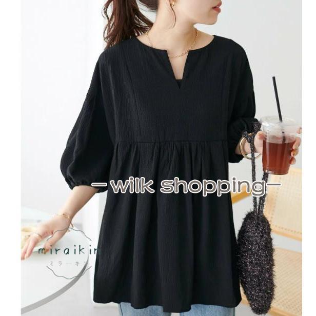 樂天商城 - ブラウスVネック五分袖 Tシャツレディーストップス 春夏 プルオーバー ゆったり ワイド チュニック丈 ギャザー 白ブラウス 黒ブラウス シャツ フォーマル