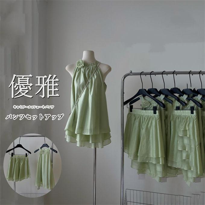 樂天商城 - パンツセットアップ ノースリーブブラウス タンクトップ ショートパンツ インナーキャミソール レディース フリル フォーマル ゆったり 体型カバー