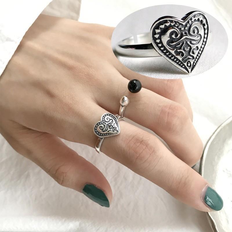 指輪 リング フリーサイズ アクセサリー レディース オープンリング シルバー925 女性用 ハート モチーフ 大ぶり アンティーク風 レトロ 存在感