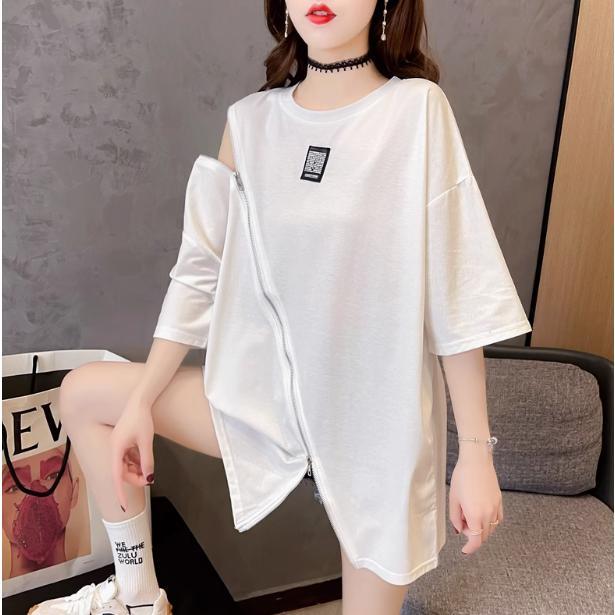 フロントジップ tシャツ レディース 長袖 ロングtシャツ 斜め フロントファスナー ...
