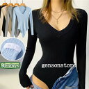 ニットプルオーバー 長袖 トップス Tシャツ レディース シンプル Vネック ニットソー 無地 ストレッチ インナー ボディブリファー つなぎ レオタード フィ...