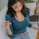 Tシャツ カットソー レディース トップス Uネック 胸元 シンプル 無地 大人ファッション 長袖 コットンシャツ 薄手 タイトフィット 着痩せ4色