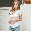 カットソー Tシャツ 半袖 レディース 黒 ブラック シンプル ホワイト 無地 春夏トップス Vネック タイト フィット ストレッチ インナー 細身