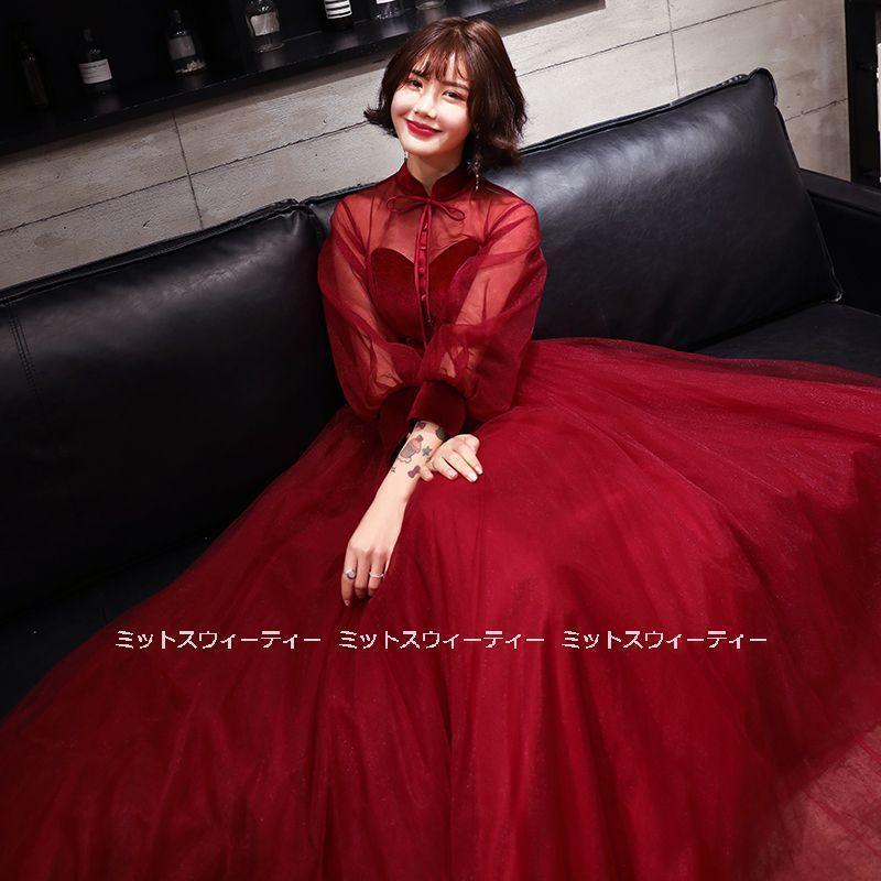 パーティードレス ロングドレス 長袖 カラードレス 赤 ワインレッド ベルベット 披露宴 発表会 演奏会 花嫁 大人 中高生 秋冬 コンクール フォマールドレス 上品 2