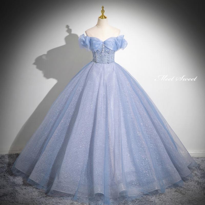 Rakuten - カラードレス プリンセスライン ブルー オフショルダー 編み上げ ロングドレス ウェディングドレス 結婚式 二次会 花嫁 前撮り 演奏会 発表会 ステージ衣装