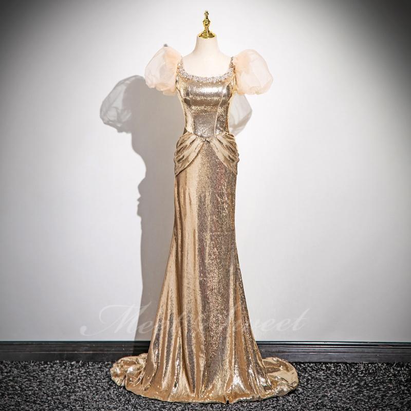 カラードレス ゴールド パフスリーブ スパンコール 演奏会 発表会 二次会 花嫁 ウエディング ウェディングドレス マーメイドライン マーメイドドレス