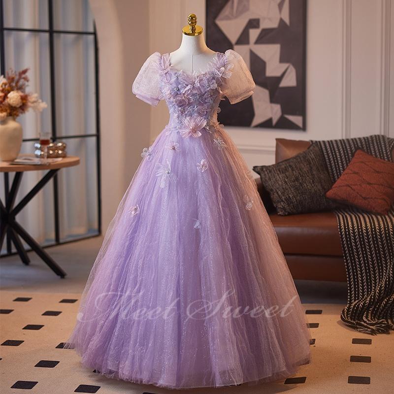 カラードレス パープル パフスリーブ 演奏会 発表会 二次会 花嫁 ウエディングドレス ウェディングドレス ロングドレス Aラインドレス プリンセスドレス