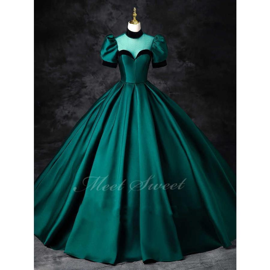 カラードレス グリーン サテン ハイネック 半袖 パフスリーブ 演奏会 発表会 二次会 花嫁 ウエディング ウェディングドレス ロングドレス Aライン プリンセス