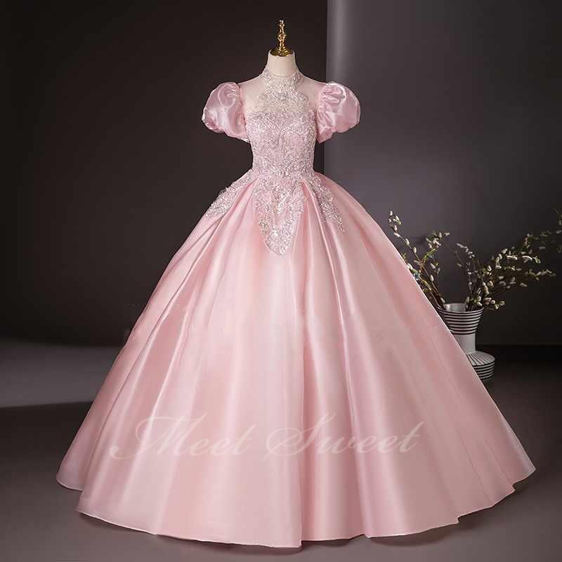 カラードレス ピンク パフスリーブ 可愛い 演奏会 発表会 二次会 花嫁 ウエディングドレス ウェディングドレス ロングドレス 前撮り Aライン プリンセスドレス