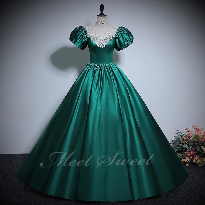 カラードレス グリーン サテン パフスリーブ 半袖 レトロ 演奏会 発表会 二次会 花嫁 ウエディング ウェディングドレス ロングドレス Aライン プリンセス