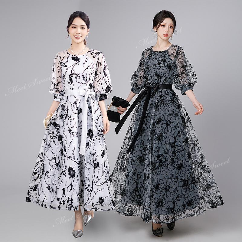 カラードレス ブラック ホワイト パーティードレス お呼ばれ フォーマル 花柄 マキシ ワンピース 袖あり パフスリーブ 結婚式 二次会 同窓会 入学式 入園式