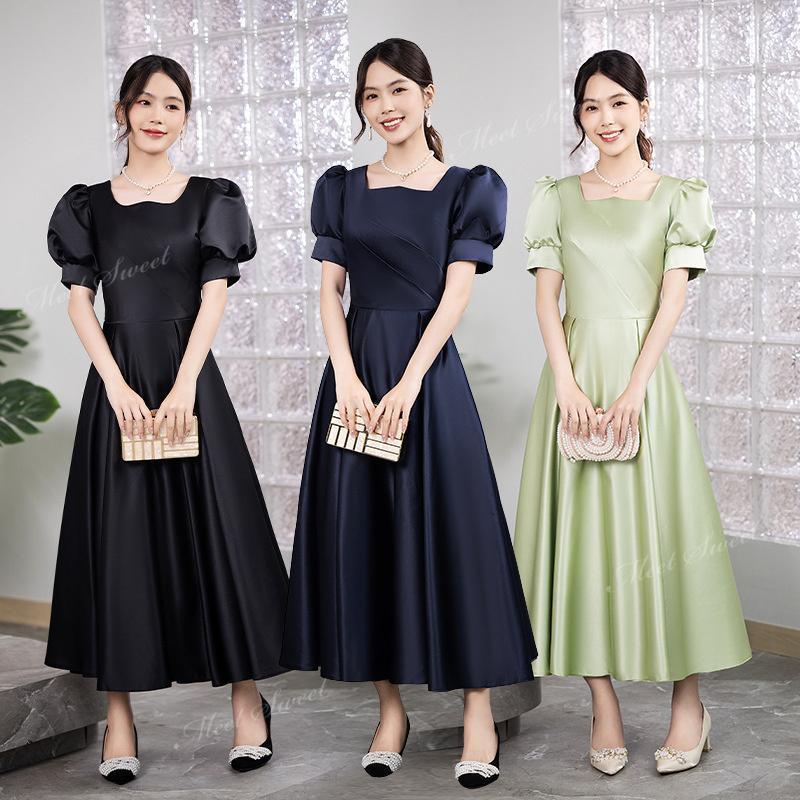 カラードレス パーティードレス ブラック ネイビー グリーン お呼ばれ フォーマル ワンピース パフスリーブ サテン 結婚式 二次会 同窓会 入学式 入園式かわいい