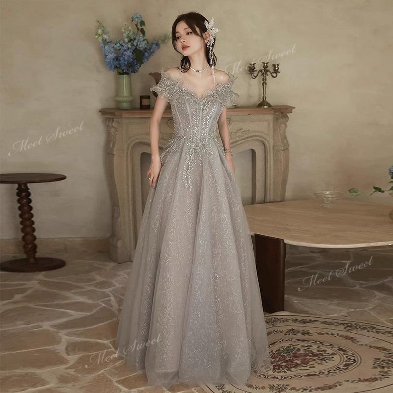 楽天harmony17カラードレス グレー オフショルダー 編み上げ キラキラ 二次会 ウェディングドレスドレス 挙式 演奏会 結婚式 音楽会 発表会 大人 トレンド パーティードレス