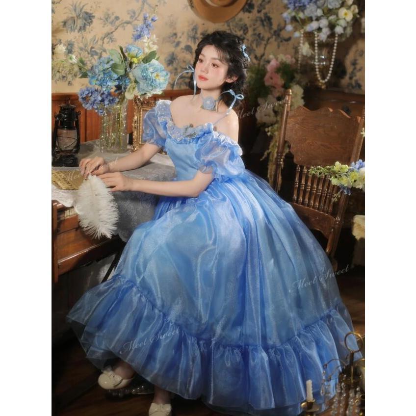カラードレス ブルー オフショルダー パフスリーブ ボリューム ウェディングドレス 結婚式 二次会 プリンセス ウエディングドレス 誕生日 パーティードレス