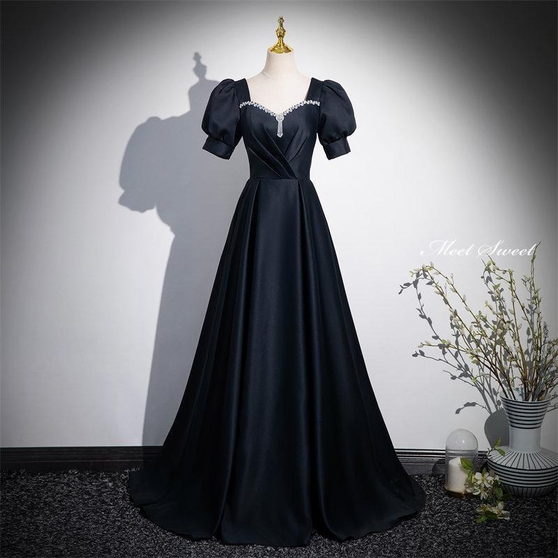 カラードレス ブラック サテン 黒 パフスリーブ ウェディングドレス ロングドレス 結婚式 二次会 演奏会 発表会 大人 上品 ステージドレス ウエディングドレス