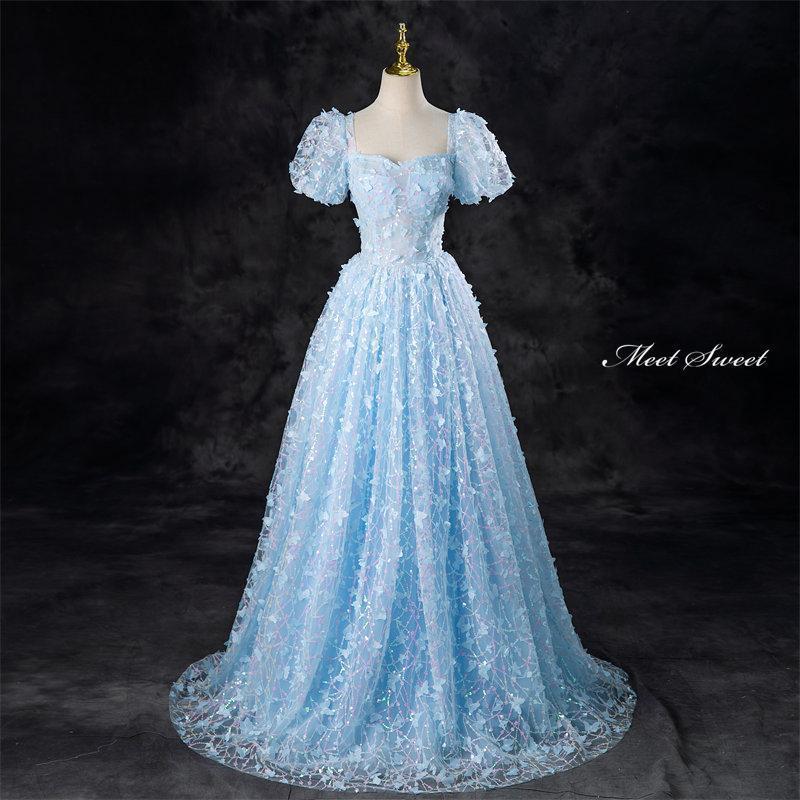 カラードレス ライトブルー パフスリーブ フラワー 可愛い ウェディングドレス ロングドレス 結婚式 二次会 演奏会 発表会 ステージドレス ウエディングドレス