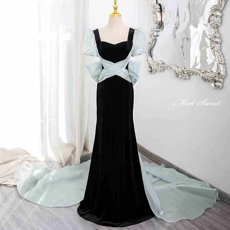 カラードレス スレンダードレス マーメイド ブラック 黒 パフスリーブ 半袖 リボン ウェディングドレス ロングドレス 結婚式 二次会 発表会 ウエディングドレス