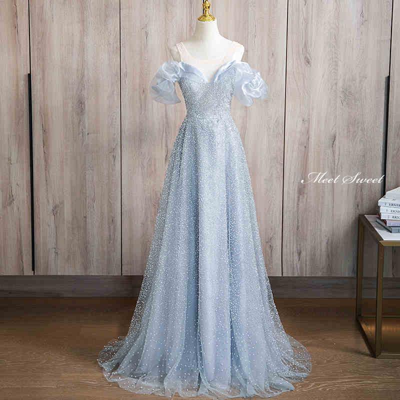 カラードレス ウェディングドレス ライトブルー オフショルダー ロングドレス 結婚式 二次会 演奏会 発..