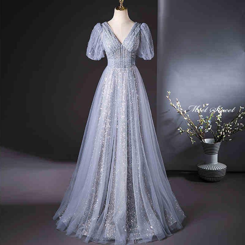 カラードレス ウェディングドレス ブルー 半袖 パフスリーブ 青 キラキラ ロングドレス 結婚式 二次会 演奏会 発表会 大人 ステージドレス ウエディングドレス