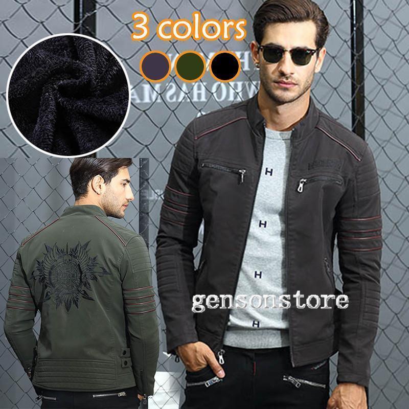 革ジャン レザージャケット 裏起毛 メンズ ライダースジャケット 立ち襟 刺繍 スタンドカラー 秋冬アウ..