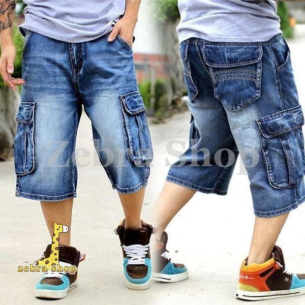 極太デニム ハーフパンツ ジーンズ メンズ ルーズフィット B系 ヒップホップ 7分丈 ストリート ワイド ..
