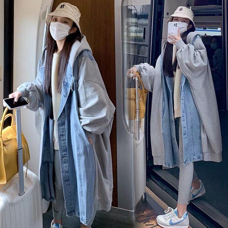 デニムジャケット レディース ロング丈 Gジャン デニム フーディ アウター 羽織 秋 フード付き裏起毛 長袖 ドッキング おしゃれ