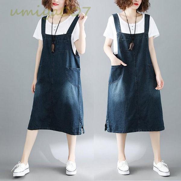 ジャンパースカート デニム Aラインサロペット ワンピース ジャンスカ 膝丈 ひざ丈 ジャンバースカート デニム 大きいサイズ