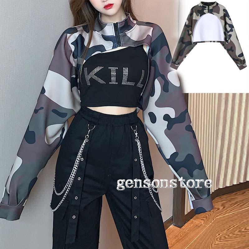 迷彩パーカー ジップ 長袖 スウェット トップス クロップド フーディ ショート丈 レディース ダンス衣..