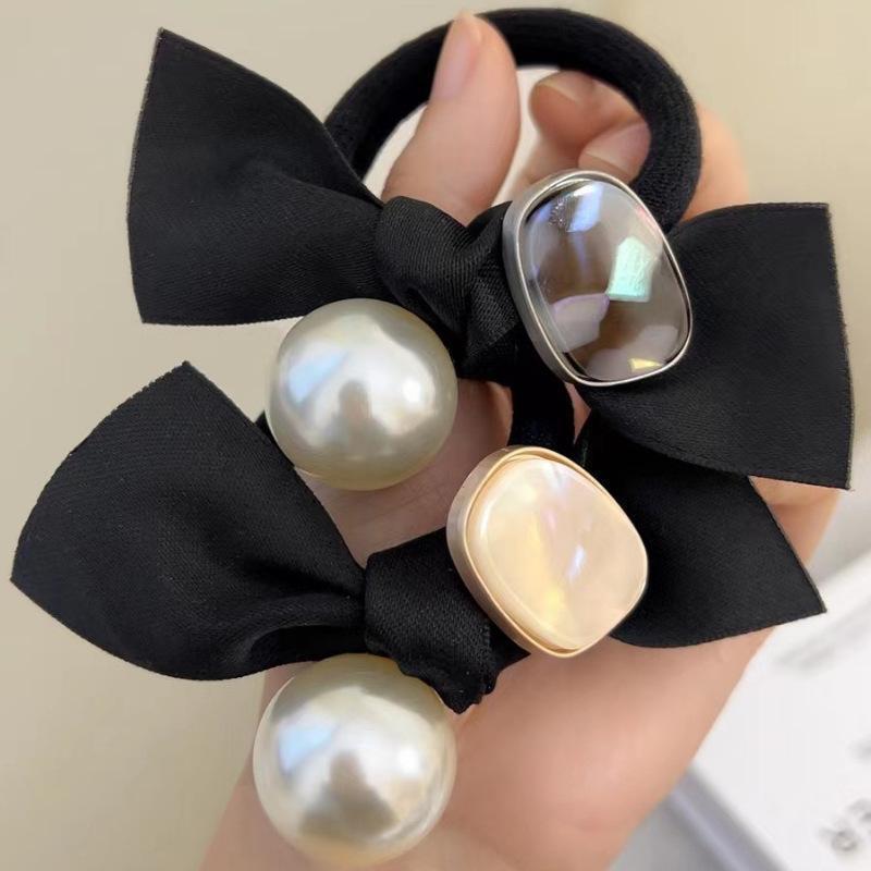 ヘアゴム 髪ゴム レディース 女性 ヘアアクセサリー ファッション雑貨 小物 リボン 大きめ フェイクパール 飾り付き ブラック ホワイト ガーリー
