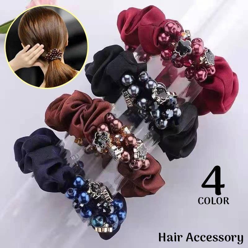 シュシュ ヘアゴム レディース ヘアアクセサリー 髪飾り 髪留め ヘアアレンジ まとめ髪 ビーズ 花型チャーム 可愛い おしゃれ(4)