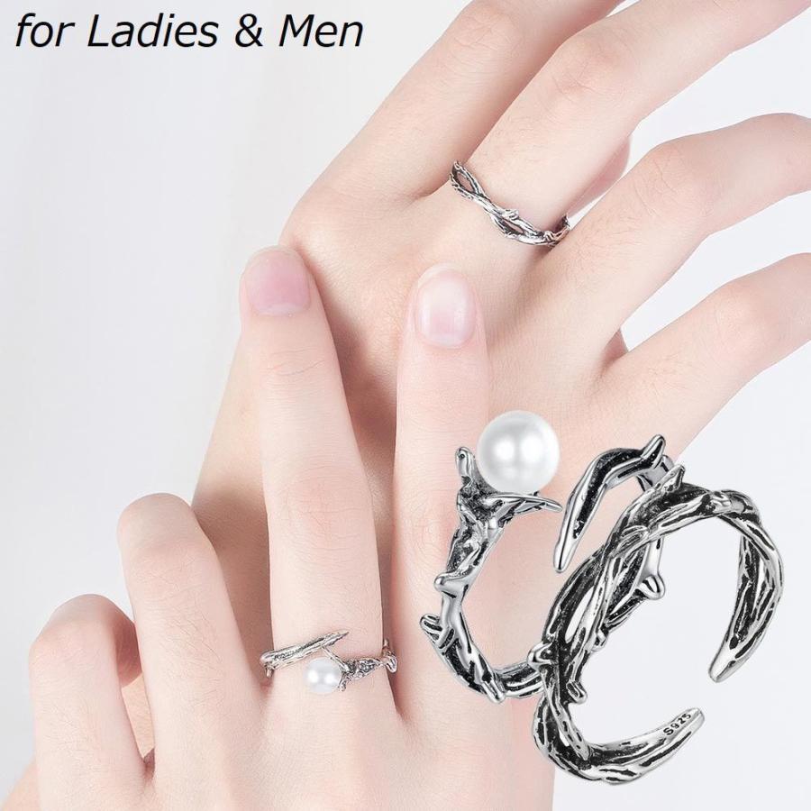 ペアリング オープンリング 指輪 レディース メンズ カップル アクセサリー ファッションリング フェイクパール お揃い 薔薇 荊 木 枝 おしゃれ