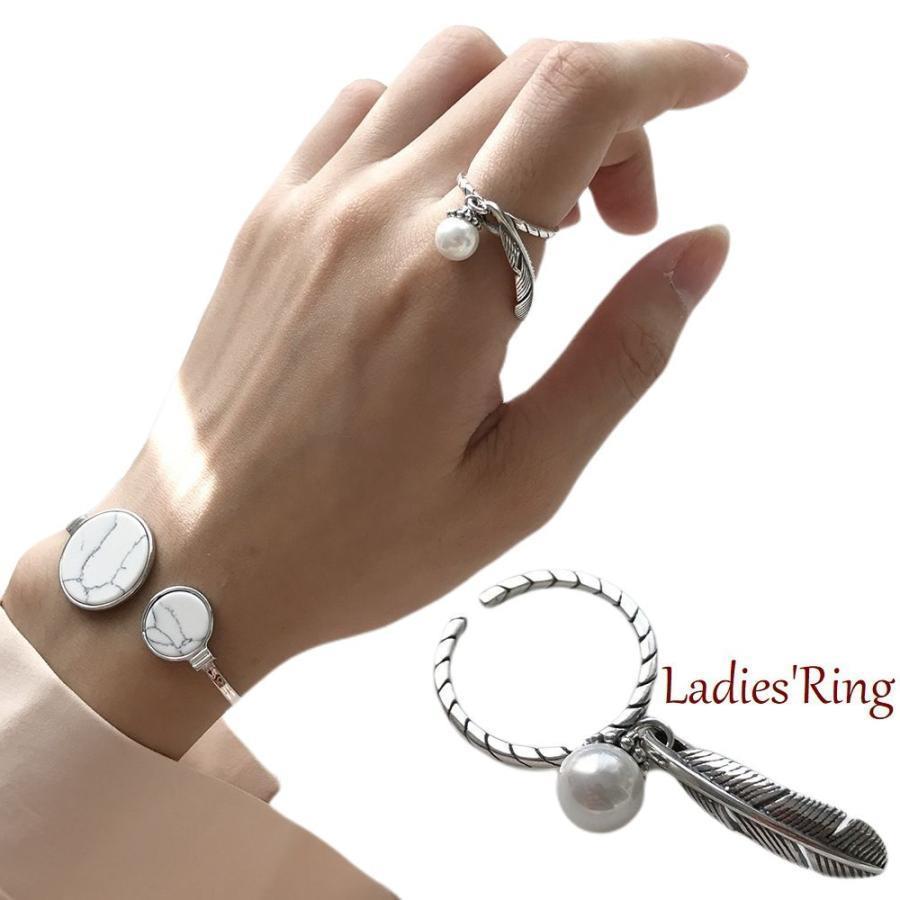 リング 指輪 オープンリング レディース アクセサリー シルバー925 チャーム 羽根 フェザーモチーフ パール調 アンティーク調 フェミニン 上品