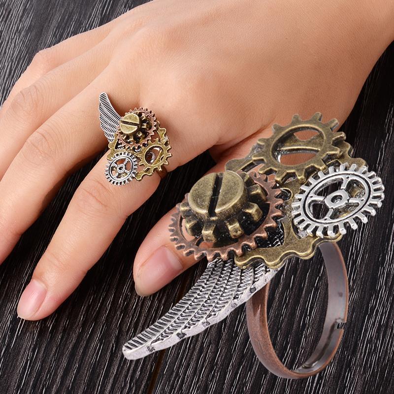 指輪 リング レディース アクセサリー スチームパンク風 ギア 歯車 羽根 ネジ レトロ調 アンティーク風 大ぶり おしゃれ かっこいい かわいい 女
