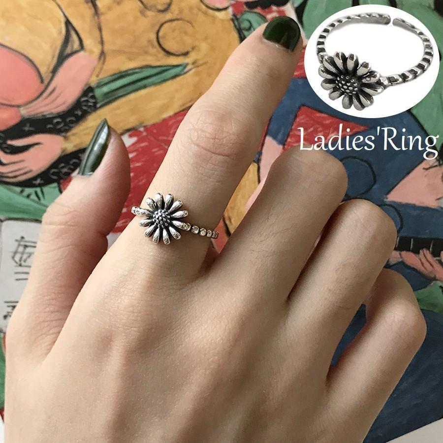 オープンリング 指輪 レディース アクセサリー シルバー925 花 フラワー デイジー ひまわり アンティーク調 シルバーカラー シンプル かわいい