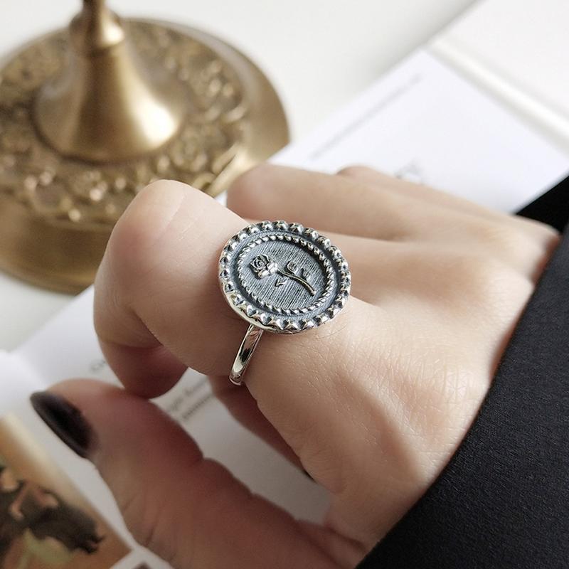 指輪 オープンリング アクセサリー レディース シルバー925 女性用 ラウンド型 バラ 薔薇 ローズ アンティーク風 ヴィンテージ調 おしゃれ かわ