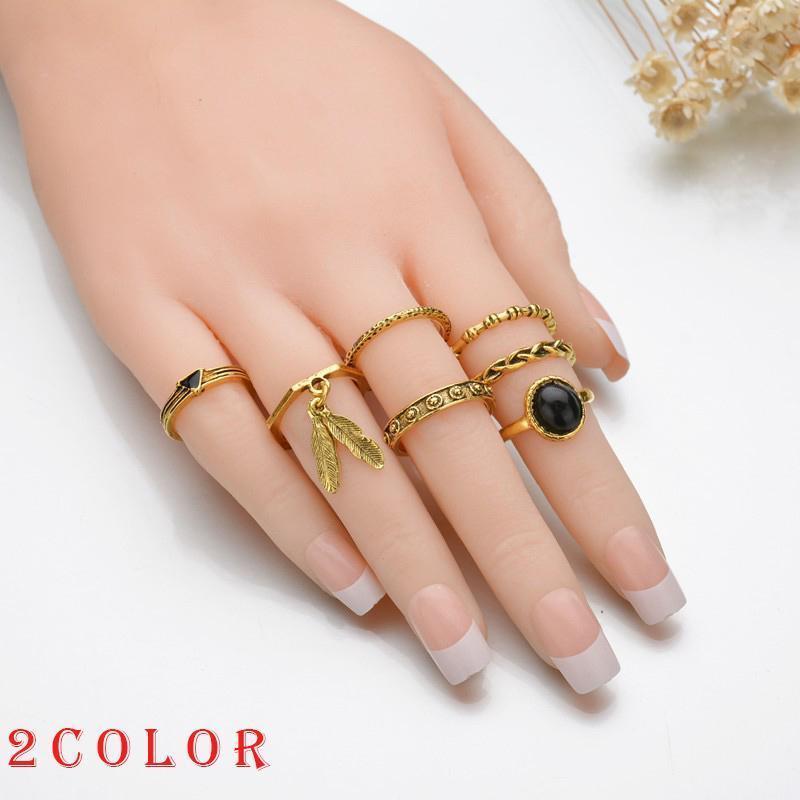 指輪 リング セット コンボセット 7点セット ウィング 羽 葉っぱ リーフ レトロ ゴージャス ゴールドカラー シルバーカラー おしゃれ レディース