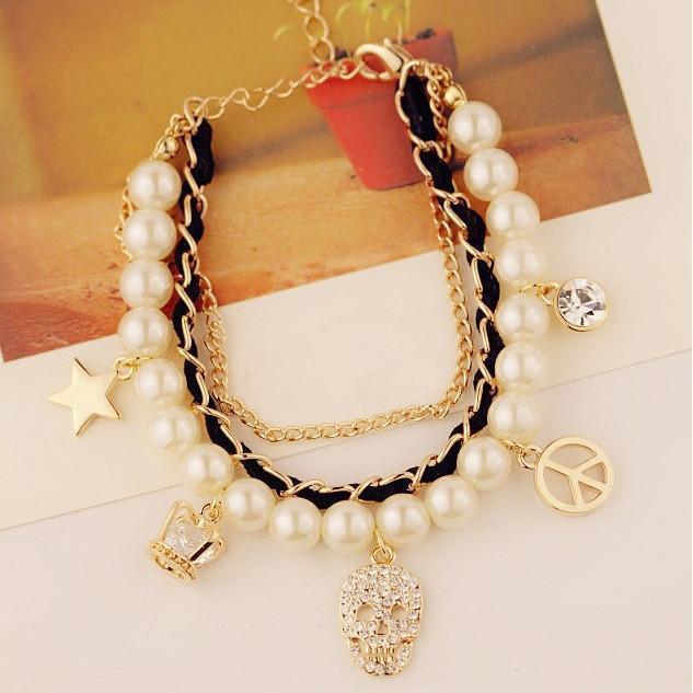 ブレスレット スカル 3連 フェイクパール ラインストーン チェーン アクセサリー ブレス ファッション小物 ジュエリー レディース 手首 ピースマー