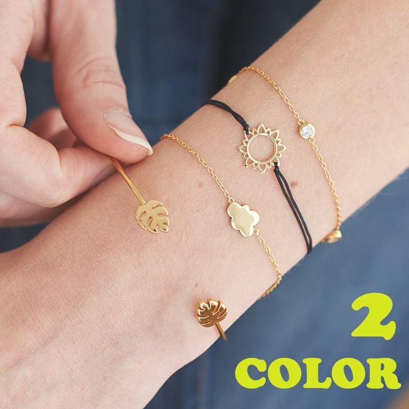 ブレスレット チェーンブレスレット レザー風 バングル 4セット ラインストーン 雲 太陽 リーフ シンプル 重ねづけ おしゃれ ゴールドカラー シル
