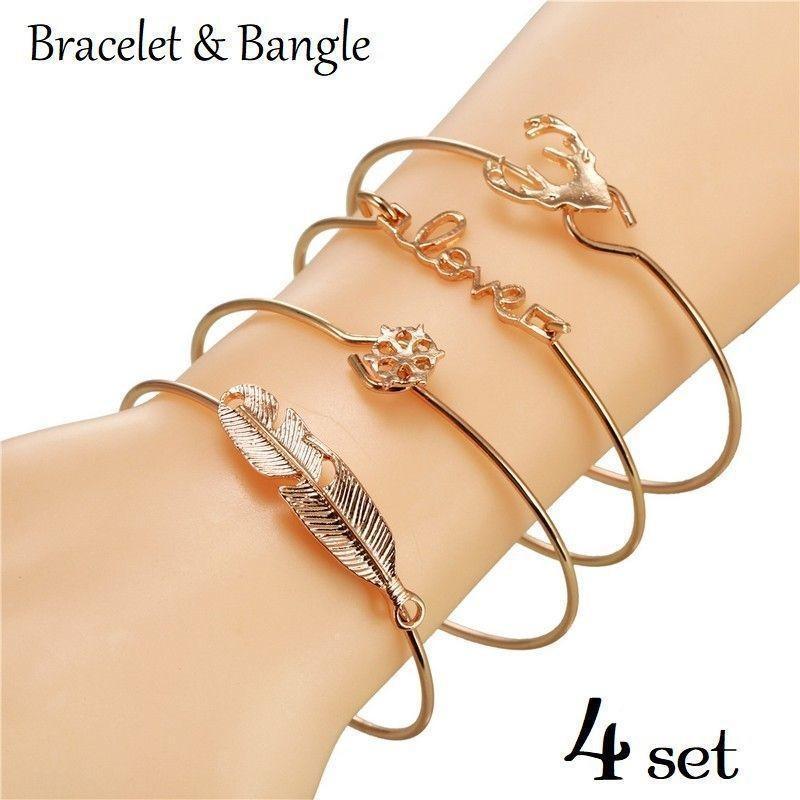 ブレスレット バングル 4点セット アクセサリー レディース 腕輪 羽 英字 シカ ファッション小物 シン..