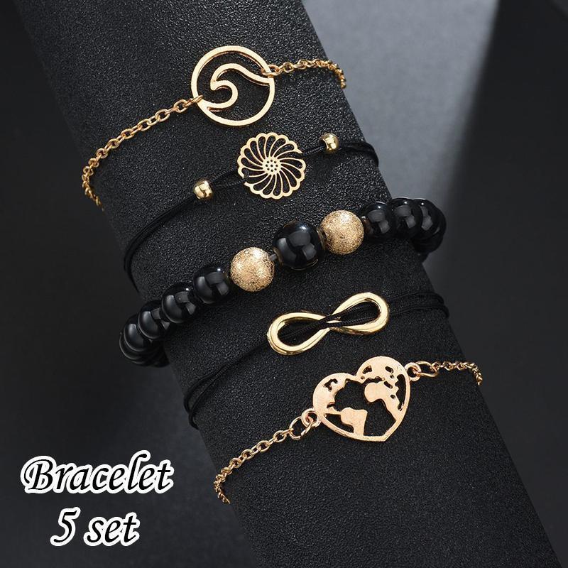 ブレスレット 腕輪 アームレット 手首 5点セット アクセサリ レディース 女性 マーブルストーン風 チェーン レザー風 重ねづけ 5連 ファッション